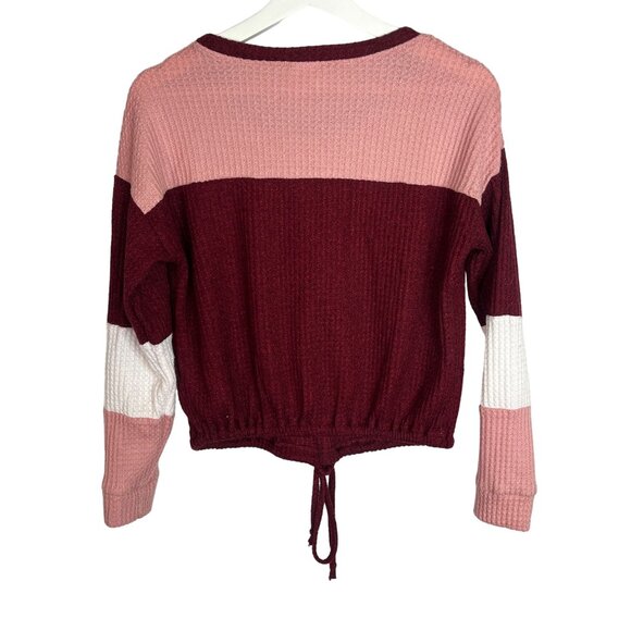 No Boundaries Top Womens Small 3 5 Waffle Knit Pink Burgundy Stripe Casual Shirt - Picture 8 of 15